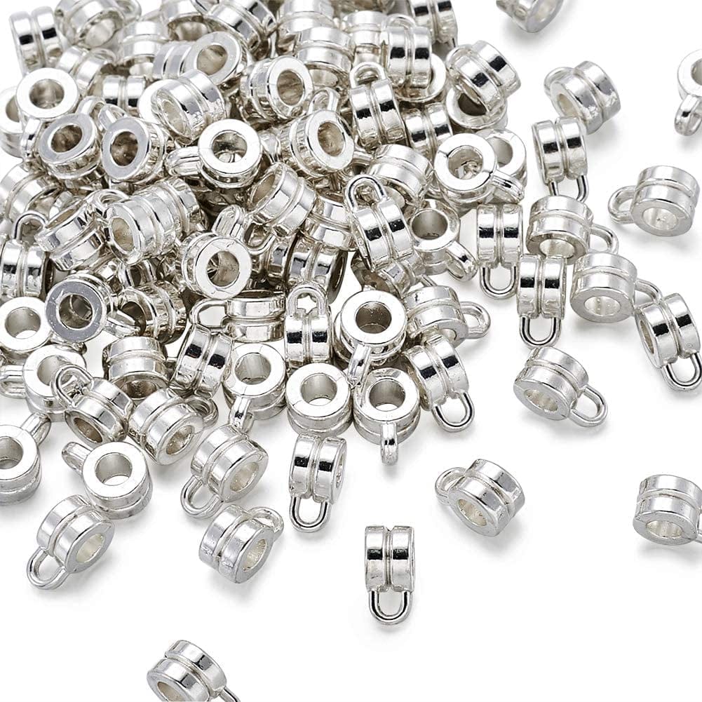 Pandahall 200Pcs Silver Column Bail Beads Slide Charm Carrier Hanger Links Bohemian Style 9X6X4Mm for European Charm Bracelet Pendant Column