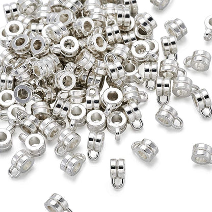 Pandahall 200Pcs Silver Column Bail Beads Slide Charm Carrier Hanger Links Bohemian Style 9X6X4Mm for European Charm Bracelet Pendant Column