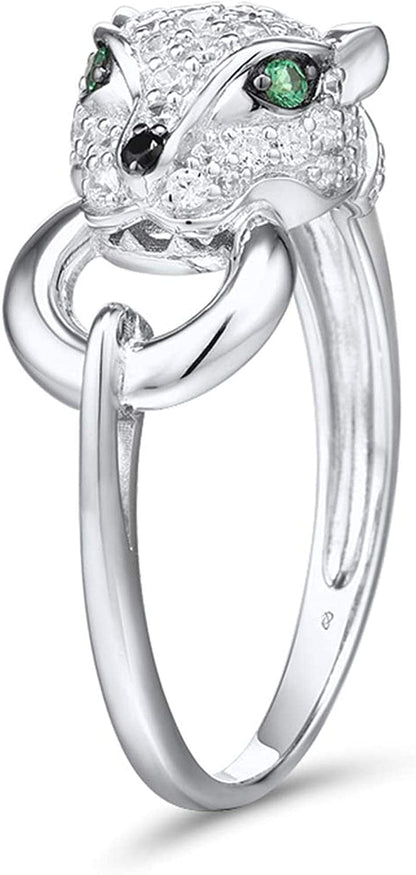 Panther Ring 925 Sterling Silver Leopard Rings Cubic Zirconia Green Spinel Jaguar Jewelry