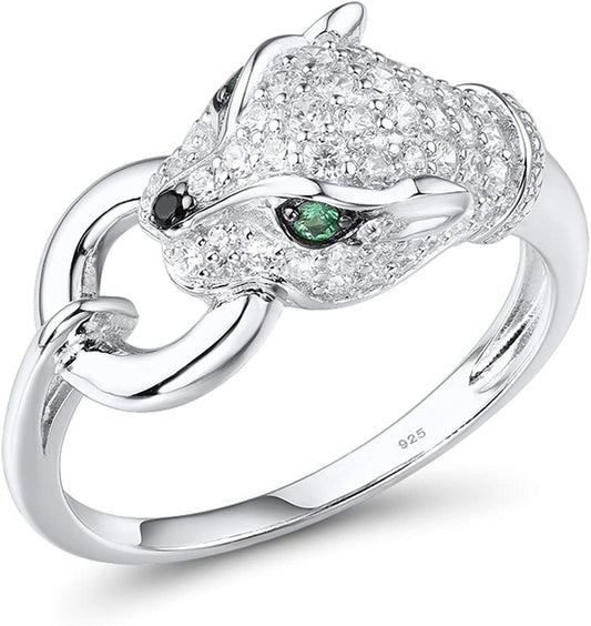 Panther Ring 925 Sterling Silver Leopard Rings Cubic Zirconia Green Spinel Jaguar Jewelry White / 6.5