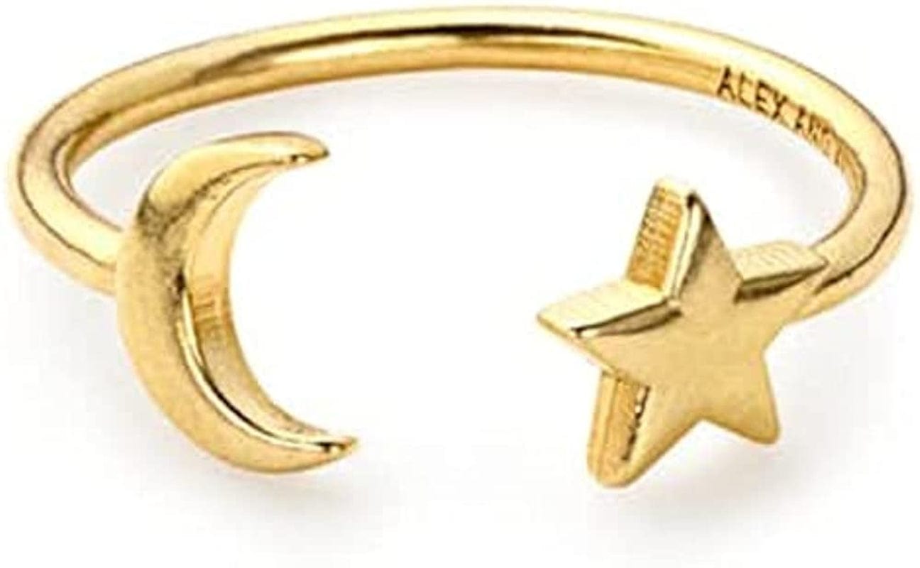 Path of Symbols Adjustable Ring for Women, Moon and Star, Sterling Silver, Fits Ring Sizes 6 to 9 14K Gold Plated Sterling Silver