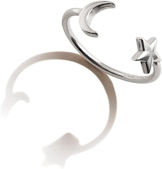 Path of Symbols Adjustable Ring for Women, Moon and Star, Sterling Silver, Fits Ring Sizes 6 to 9 925 Sterling Silver