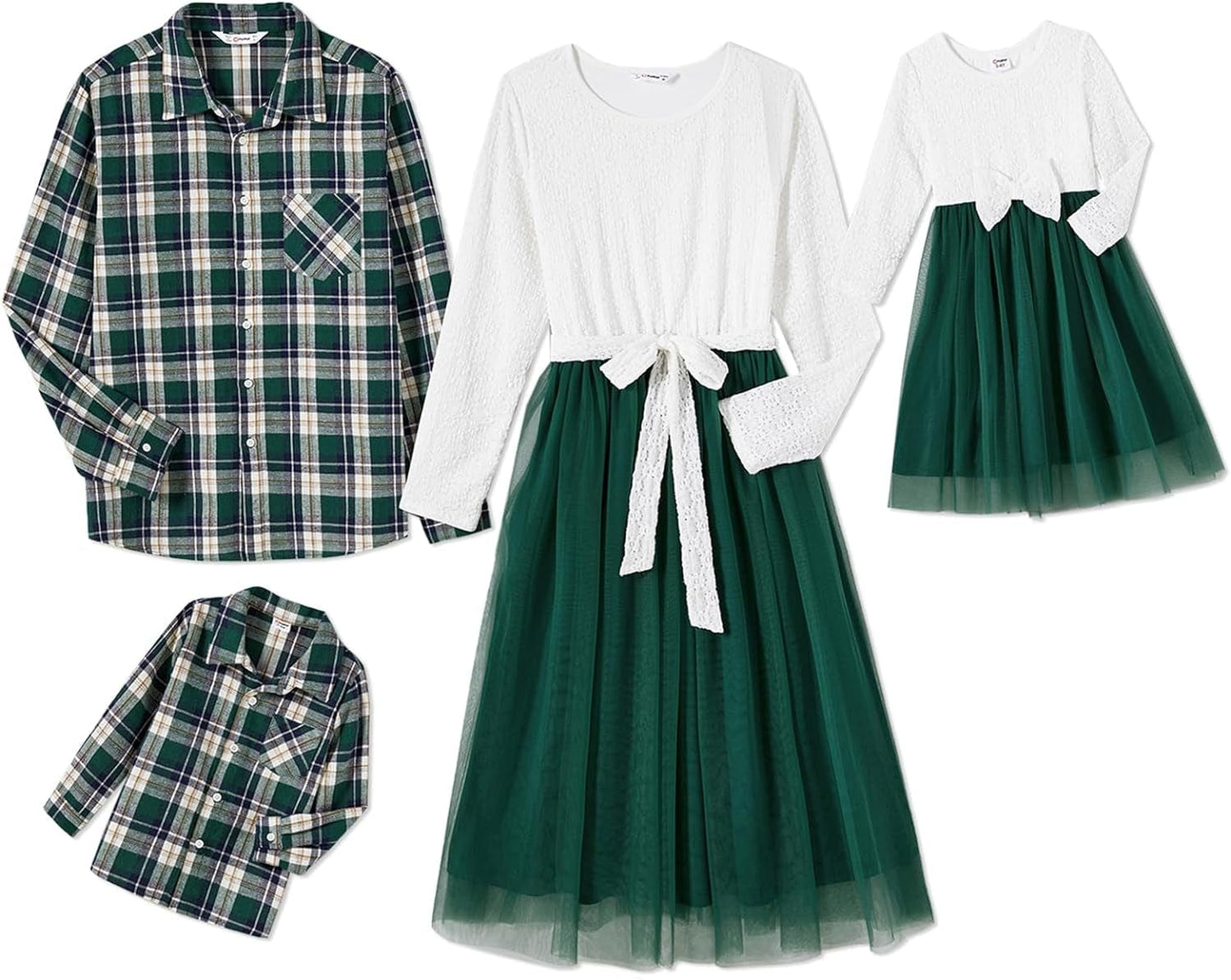 PATPAT Family Matching Outfits Mommy and Me Dresses Matching Set Long Sleeve Tulle Mesh Dress Buffalo Plaid Button down Shirt Green / Girl / 6-7 Years