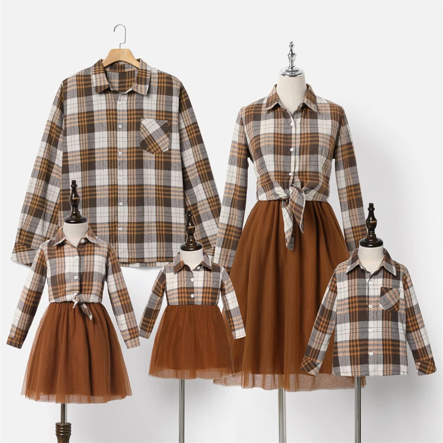 PATPAT Family Matching Outfits Mommy and Me Dresses Matching Set Long Sleeve Tulle Mesh Dress Buffalo Plaid Button down Shirt