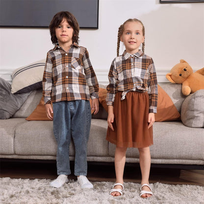 PATPAT Family Matching Outfits Mommy and Me Dresses Matching Set Long Sleeve Tulle Mesh Dress Buffalo Plaid Button down Shirt