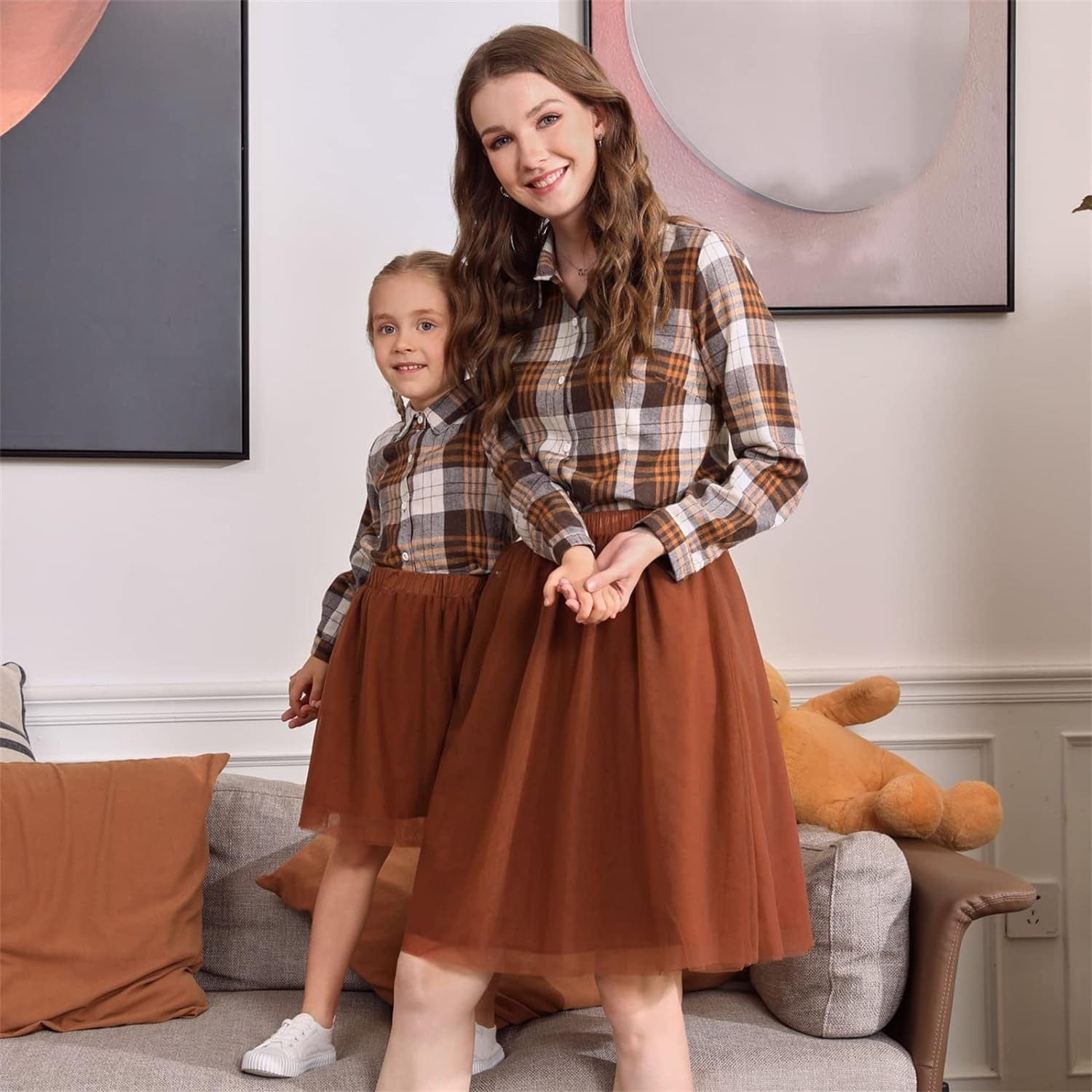 PATPAT Family Matching Outfits Mommy and Me Dresses Matching Set Long Sleeve Tulle Mesh Dress Buffalo Plaid Button down Shirt
