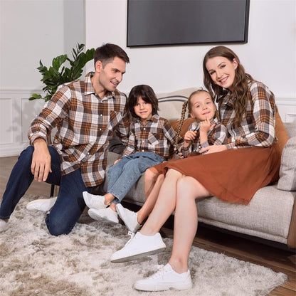 PATPAT Family Matching Outfits Mommy and Me Dresses Matching Set Long Sleeve Tulle Mesh Dress Buffalo Plaid Button down Shirt