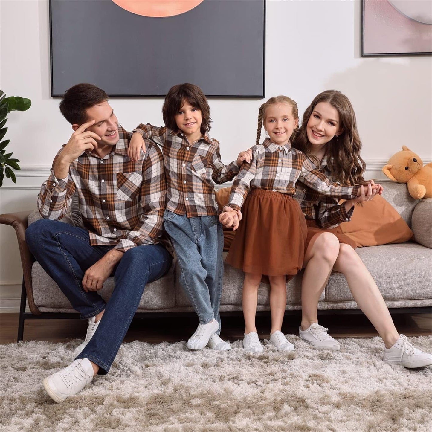 PATPAT Family Matching Outfits Mommy and Me Dresses Matching Set Long Sleeve Tulle Mesh Dress Buffalo Plaid Button down Shirt