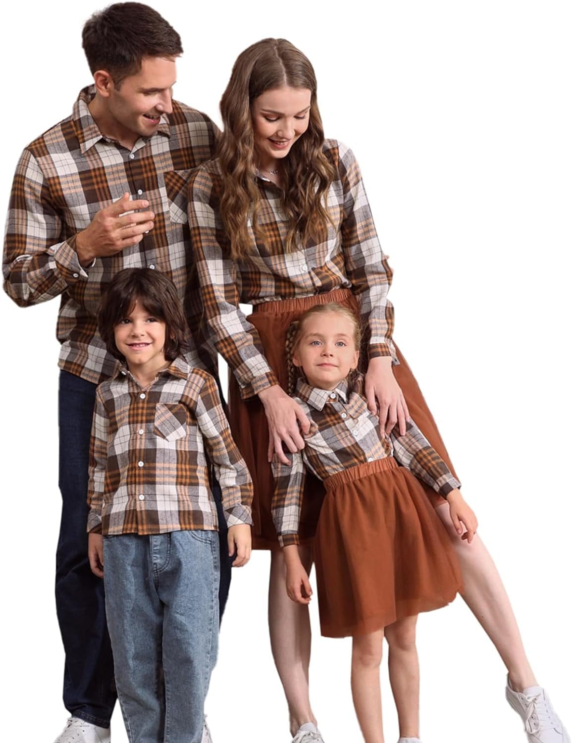 PATPAT Family Matching Outfits Mommy and Me Dresses Matching Set Long Sleeve Tulle Mesh Dress Buffalo Plaid Button down Shirt