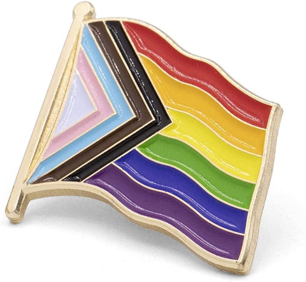 Patriotic Pins Progress Pride Flag Lapel Pin - Quantity Options | 1” X 1-½" | USA Made | LGBTQ+ All Inclusive Gay Wearables | Brass Gold Plated | Travel Pouch & Gift Box
