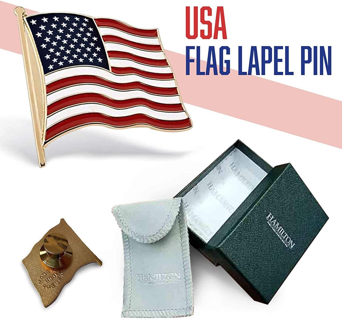 Patriotic Pins Waving American Flag Hat & Lapel Pin - Single Pin | Made in the USA | 7/8" X 7/8" | Brass Gold Plate | Red, White and Blue Enamel Stripes | Travel Pouch & Gift Box Included