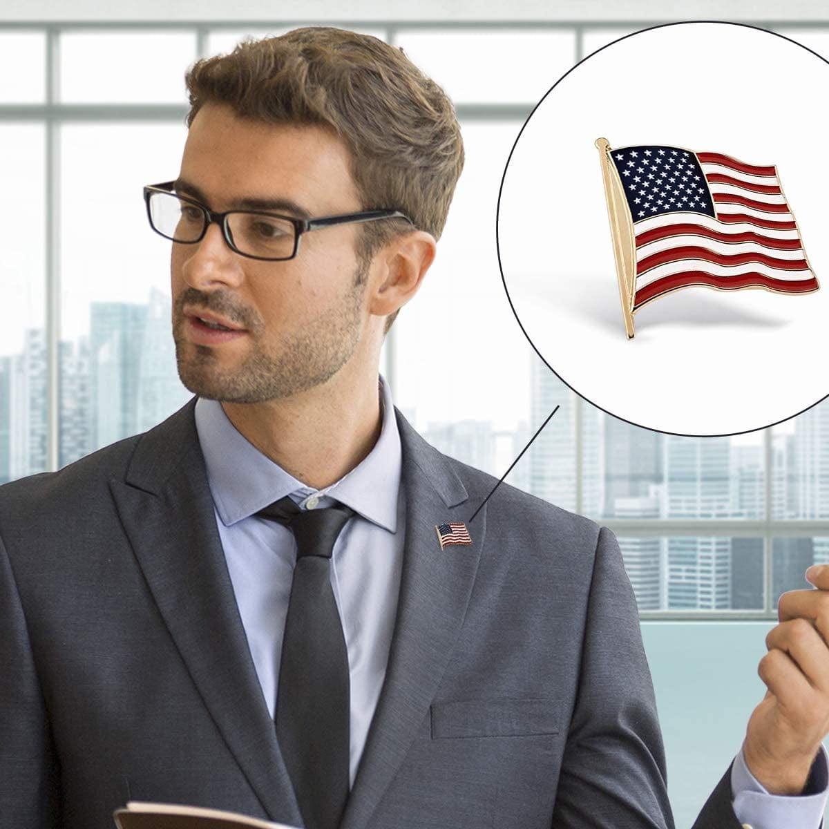 Patriotic Pins Waving American Flag Hat & Lapel Pin - Single Pin | Made in the USA | 7/8" X 7/8" | Brass Gold Plate | Red, White and Blue Enamel Stripes | Travel Pouch & Gift Box Included
