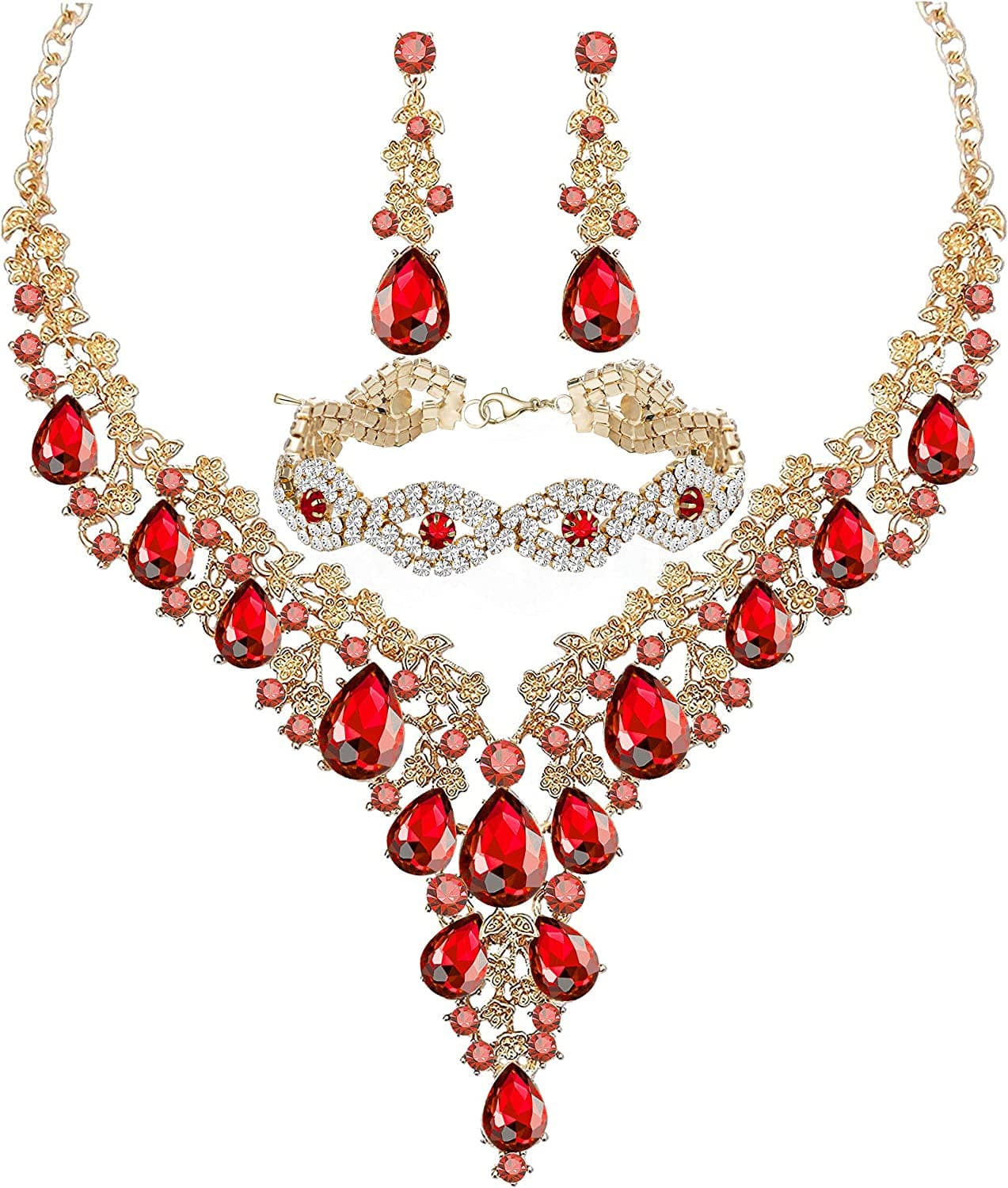 Paxuan Wedding Bridal Bridesmaid Austrian Crystal Rhinestone Jewelry Sets Statement Choker Necklace Drop Dangle Earrings Sets for Wedding Party Prom Necklace + Earring + Bracelet (Red)