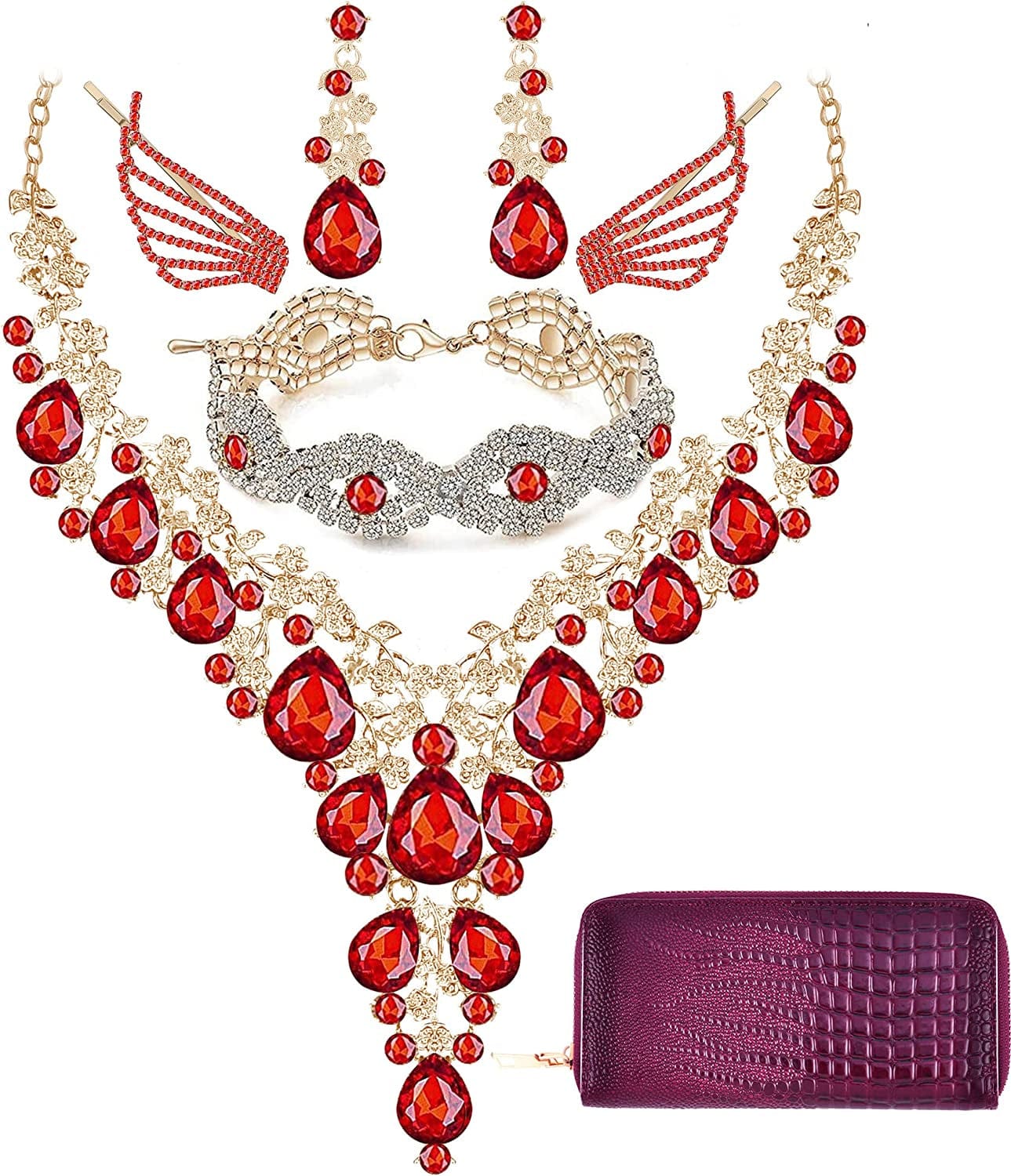 Paxuan Wedding Bridal Bridesmaid Austrian Crystal Rhinestone Jewelry Sets Statement Choker Necklace Drop Dangle Earrings Sets for Wedding Party Prom Necklace + Earring + Bracelet +Hair Clips + Wallet (Red)