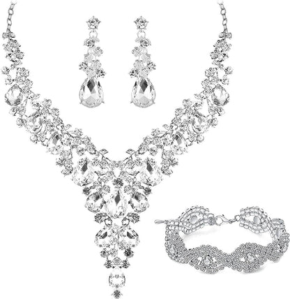 Paxuan Wedding Bridal Bridesmaid Austrian Crystal Rhinestone Jewelry Sets Statement Choker Necklace Drop Dangle Earrings Sets for Wedding Party Prom Silver Necklace + Earrings + Bracelet(Style 3)