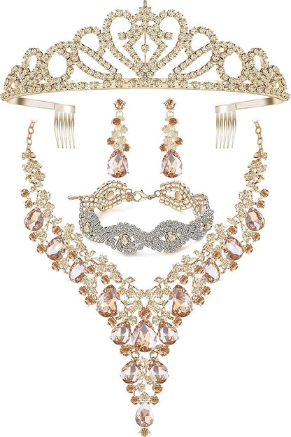 Paxuan Wedding Bridal Bridesmaid Austrian Crystal Rhinestone Jewelry Sets Statement Choker Necklace Drop Dangle Earrings Sets for Wedding Party Prom Necklace + Earring + Bracelet +Tiara (Champagne)