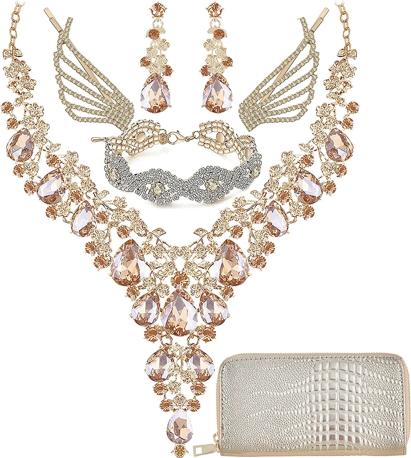 Paxuan Wedding Bridal Bridesmaid Austrian Crystal Rhinestone Jewelry Sets Statement Choker Necklace Drop Dangle Earrings Sets for Wedding Party Prom Necklace + Earring + Bracelet +Hair Clips + Wallet (Champagne)