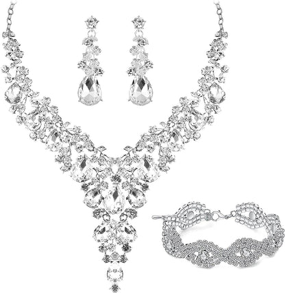 Paxuan Wedding Bridal Bridesmaid Austrian Crystal Rhinestone Jewelry Sets Statement Choker Necklace Drop Dangle Earrings Sets for Wedding Party Prom Necklace + Earring + Bracelet (White)