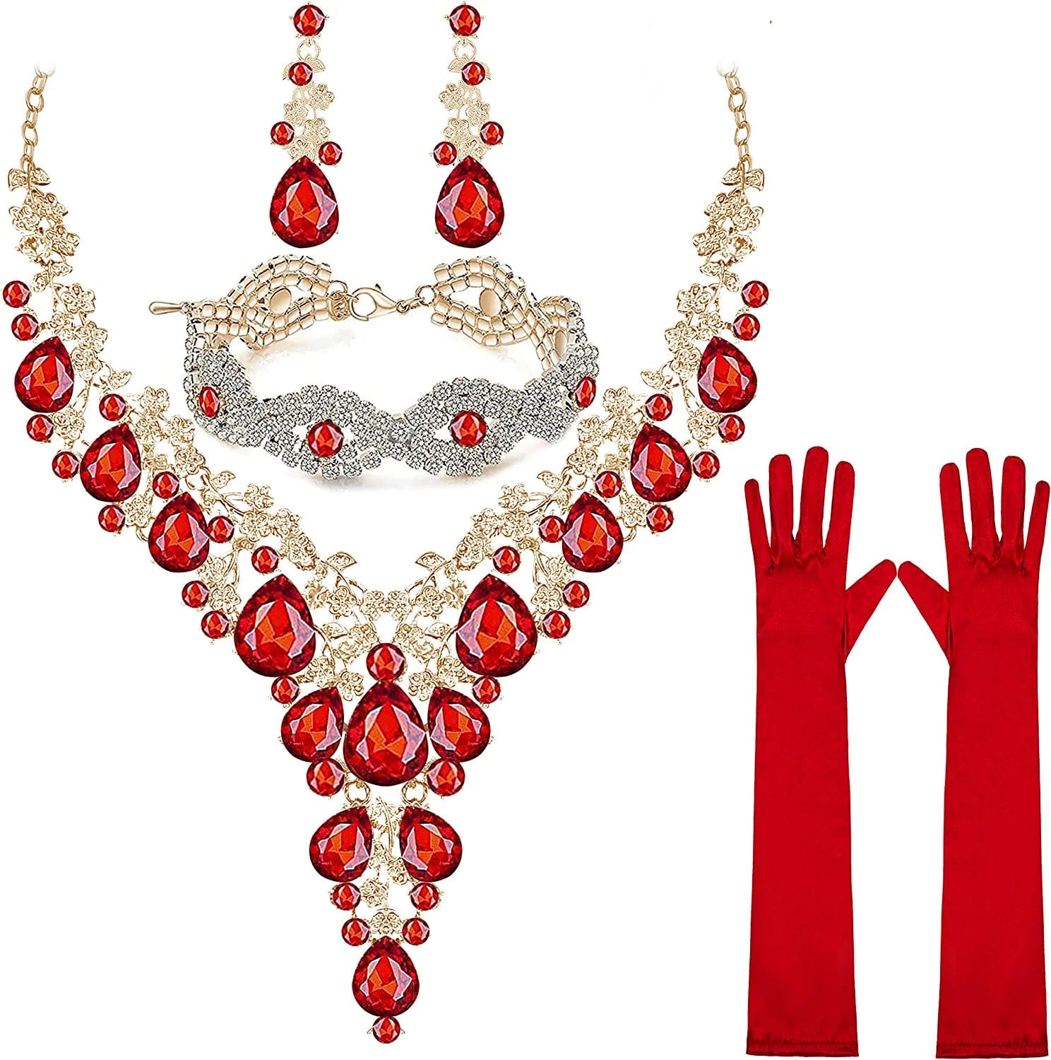 Paxuan Wedding Bridal Bridesmaid Austrian Crystal Rhinestone Jewelry Sets Statement Choker Necklace Drop Dangle Earrings Sets for Wedding Party Prom Necklace + Earring + Bracelet + Gloves (Red)