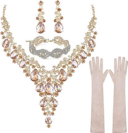 Paxuan Wedding Bridal Bridesmaid Austrian Crystal Rhinestone Jewelry Sets Statement Choker Necklace Drop Dangle Earrings Sets for Wedding Party Prom Necklace + Earring + Bracelet + Gloves (Champagne)
