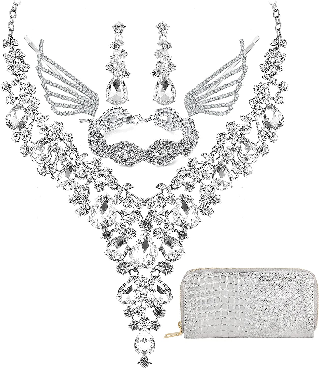 Paxuan Wedding Bridal Bridesmaid Austrian Crystal Rhinestone Jewelry Sets Statement Choker Necklace Drop Dangle Earrings Sets for Wedding Party Prom Necklace + Earring + Bracelet +Hair Clips + Wallet (White)