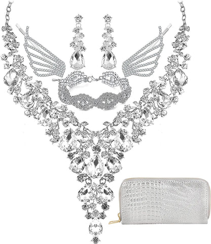 Paxuan Wedding Bridal Bridesmaid Austrian Crystal Rhinestone Jewelry Sets Statement Choker Necklace Drop Dangle Earrings Sets for Wedding Party Prom Necklace + Earring + Bracelet +Hair Clips + Wallet (White)