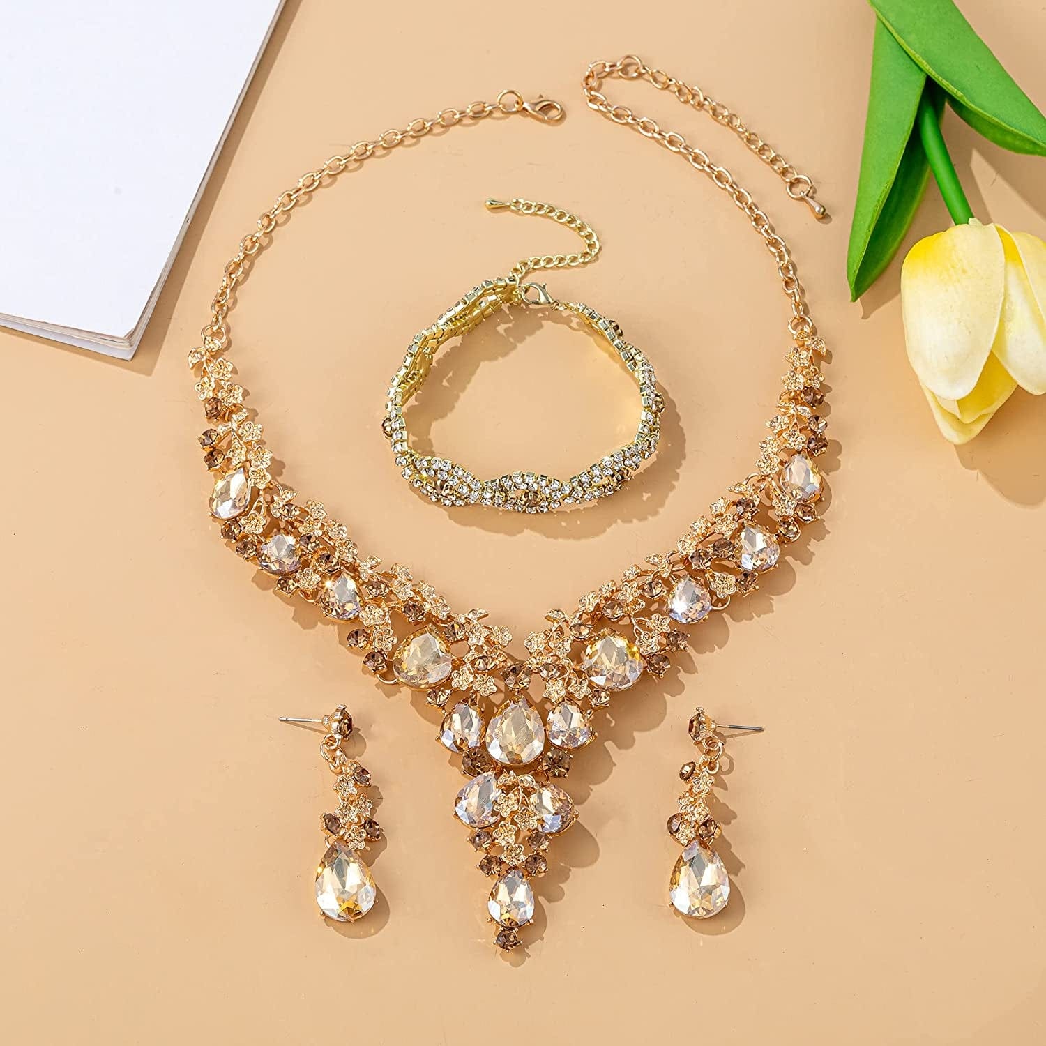 Paxuan Wedding Bridal Bridesmaid Austrian Crystal Rhinestone Jewelry Sets Statement Choker Necklace Drop Dangle Earrings Sets for Wedding Party Prom