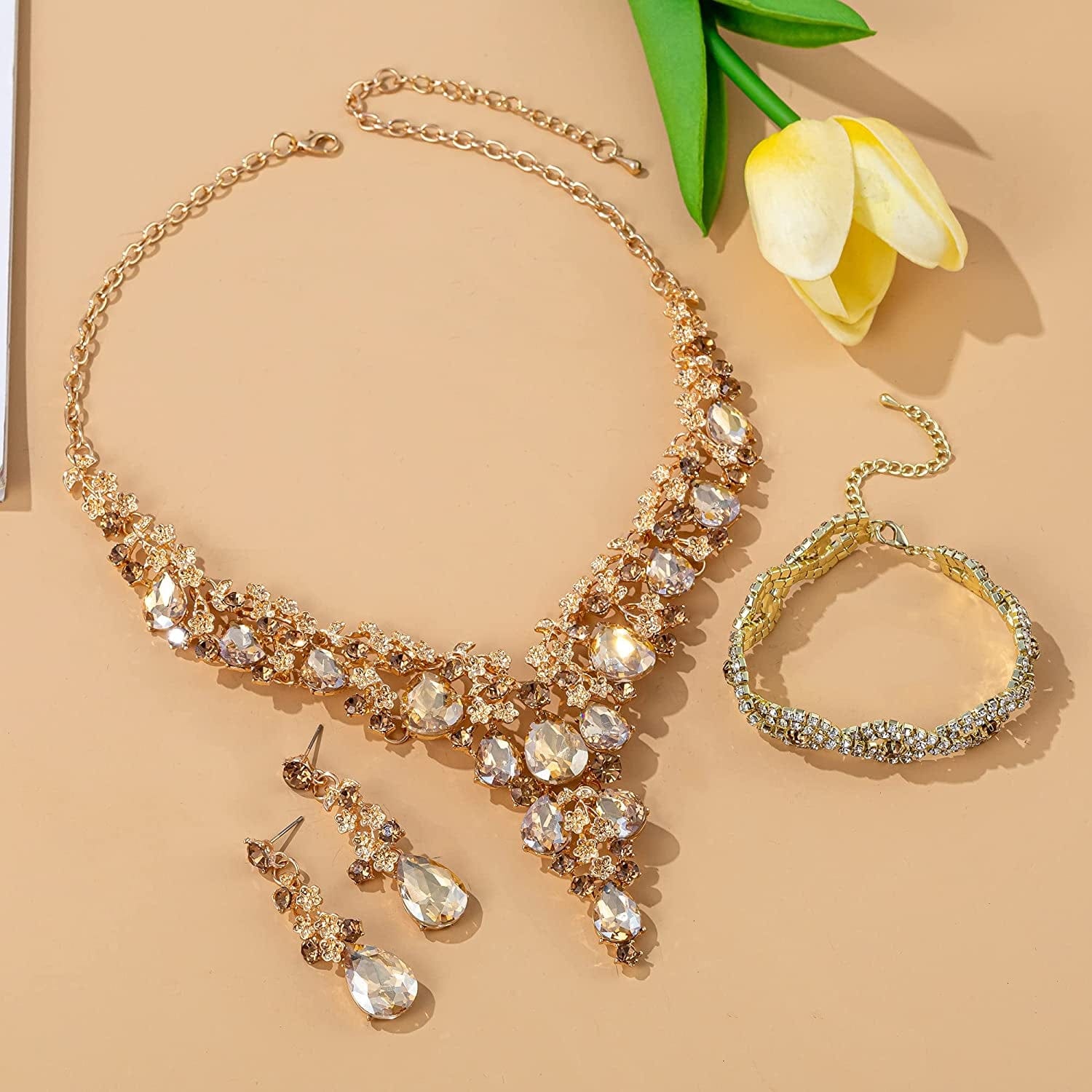 Paxuan Wedding Bridal Bridesmaid Austrian Crystal Rhinestone Jewelry Sets Statement Choker Necklace Drop Dangle Earrings Sets for Wedding Party Prom