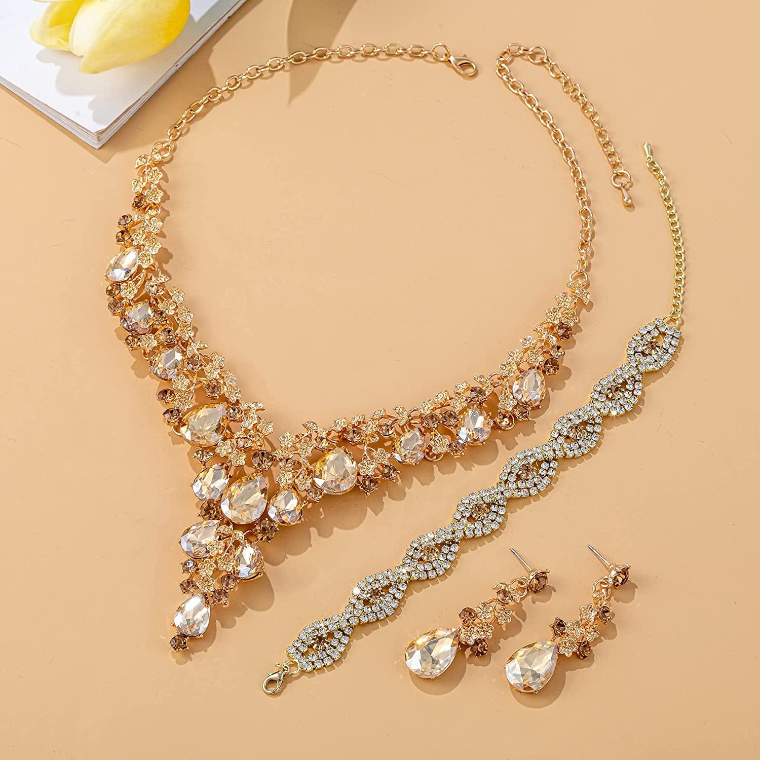 Paxuan Wedding Bridal Bridesmaid Austrian Crystal Rhinestone Jewelry Sets Statement Choker Necklace Drop Dangle Earrings Sets for Wedding Party Prom