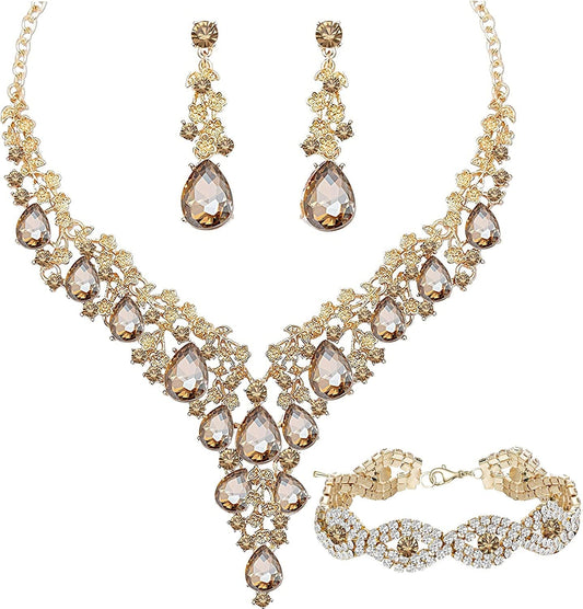 Paxuan Wedding Bridal Bridesmaid Austrian Crystal Rhinestone Jewelry Sets Statement Choker Necklace Drop Dangle Earrings Sets for Wedding Party Prom Necklace + Earring + Bracelet (Champagne)