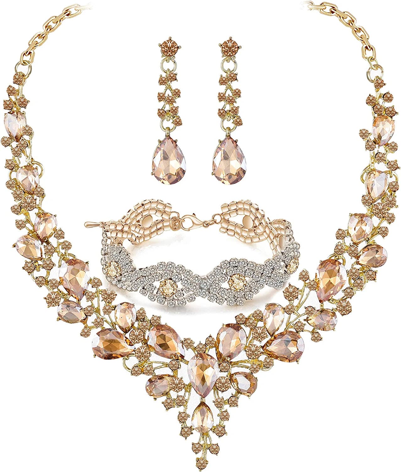 Paxuan Wedding Bridal Prom Crystal Rhinestone Necklace Earrings Bracelet Tiaras Crown Jewelry Sets for Bride Bridesmaid Wedding Dress Champagne - Necklace + Earrings + Bracelet