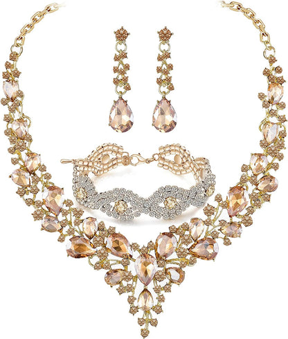 Paxuan Wedding Bridal Prom Crystal Rhinestone Necklace Earrings Bracelet Tiaras Crown Jewelry Sets for Bride Bridesmaid Wedding Dress Champagne - Necklace + Earrings + Bracelet