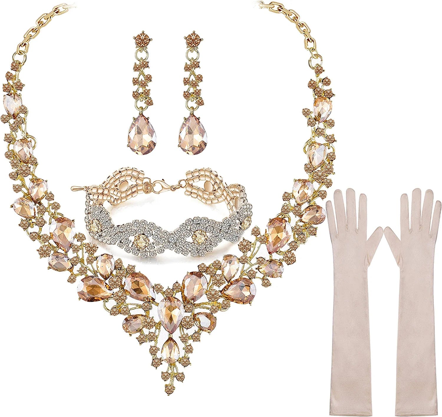 Paxuan Wedding Bridal Prom Crystal Rhinestone Necklace Earrings Bracelet Tiaras Crown Jewelry Sets for Bride Bridesmaid Wedding Dress Champagne - Necklace + Earrings + Bracelet + Gloves