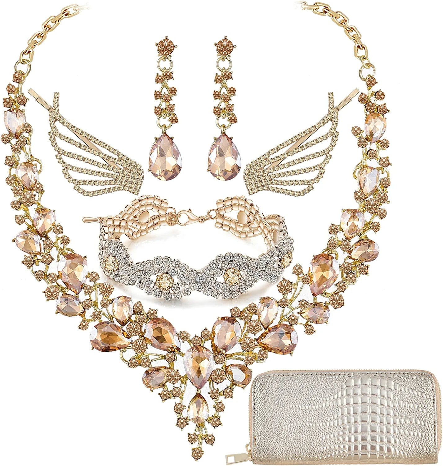 Paxuan Wedding Bridal Prom Crystal Rhinestone Necklace Earrings Bracelet Tiaras Crown Jewelry Sets for Bride Bridesmaid Wedding Dress Champagne-Necklace+Earrings+Bracelet+Clips+Purse