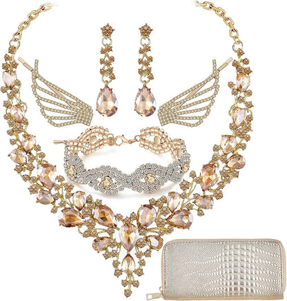 Paxuan Wedding Bridal Prom Crystal Rhinestone Necklace Earrings Bracelet Tiaras Crown Jewelry Sets for Bride Bridesmaid Wedding Dress Champagne-Necklace+Earrings+Bracelet+Clips+Purse