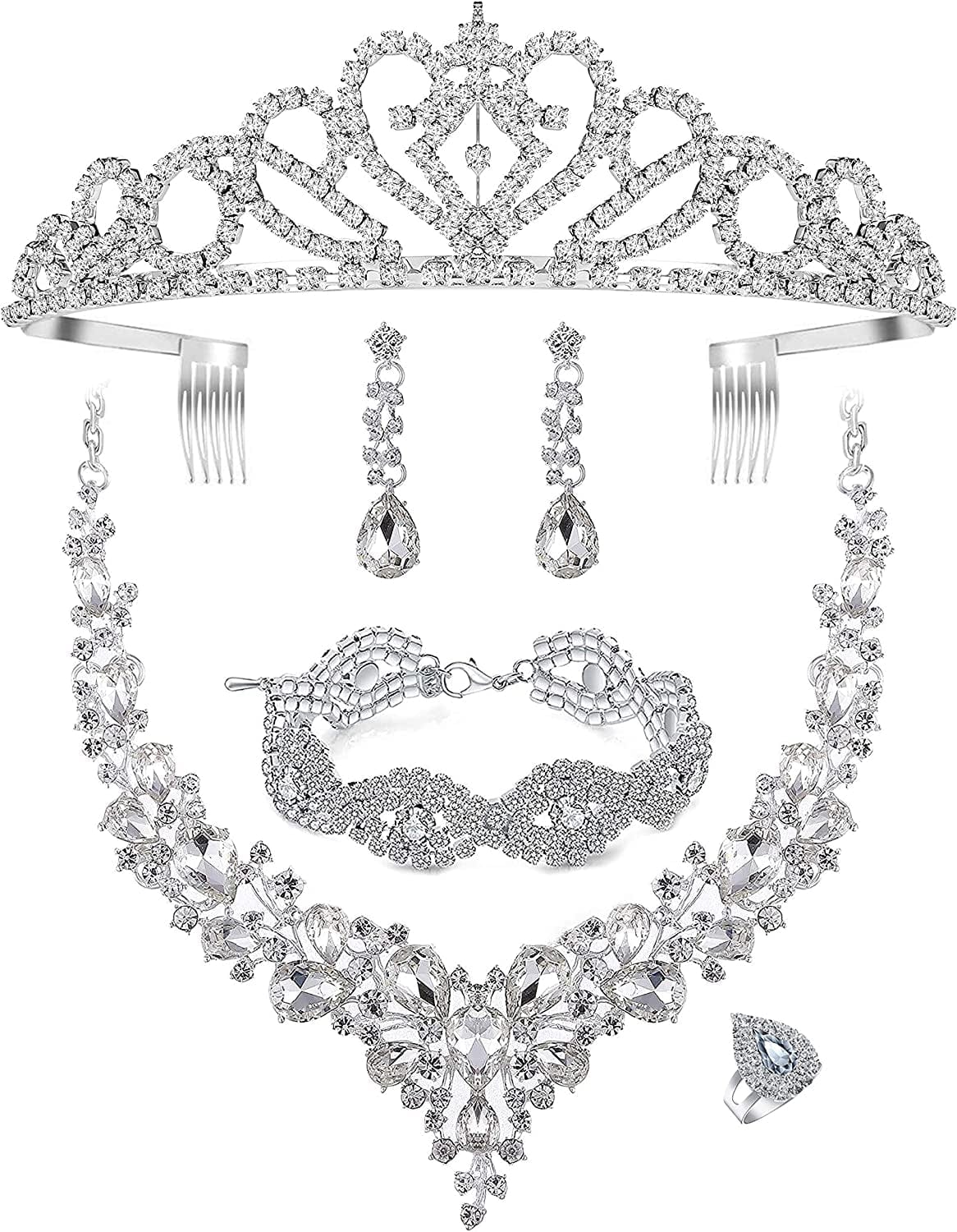 Paxuan Wedding Bridal Prom Crystal Rhinestone Necklace Earrings Bracelet Tiaras Crown Jewelry Sets for Bride Bridesmaid Wedding Dress White-Necklace+Earrings+Bracelet+Tiara+Ring