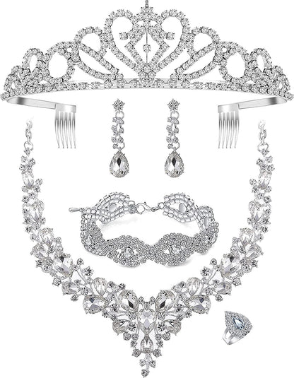 Paxuan Wedding Bridal Prom Crystal Rhinestone Necklace Earrings Bracelet Tiaras Crown Jewelry Sets for Bride Bridesmaid Wedding Dress White-Necklace+Earrings+Bracelet+Tiara+Ring