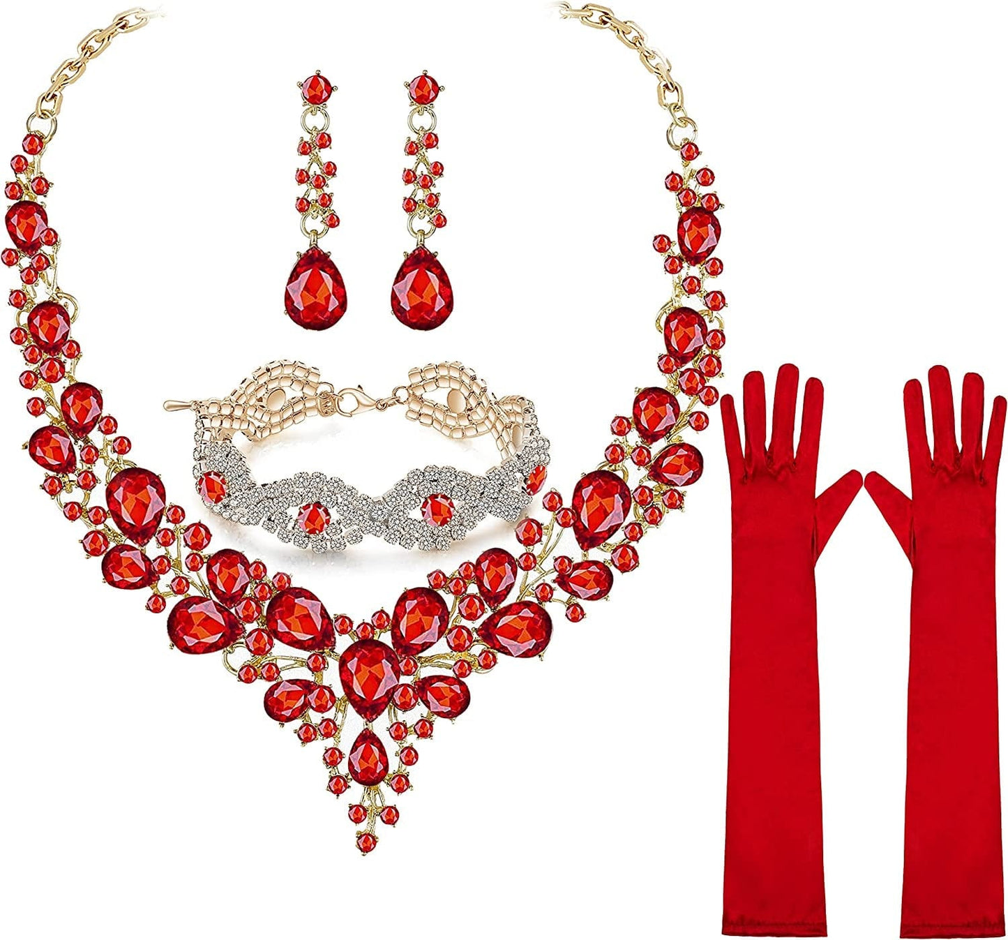 Paxuan Wedding Bridal Prom Crystal Rhinestone Necklace Earrings Bracelet Tiaras Crown Jewelry Sets for Bride Bridesmaid Wedding Dress Red - Necklace + Earrings + Bracelet + Gloves