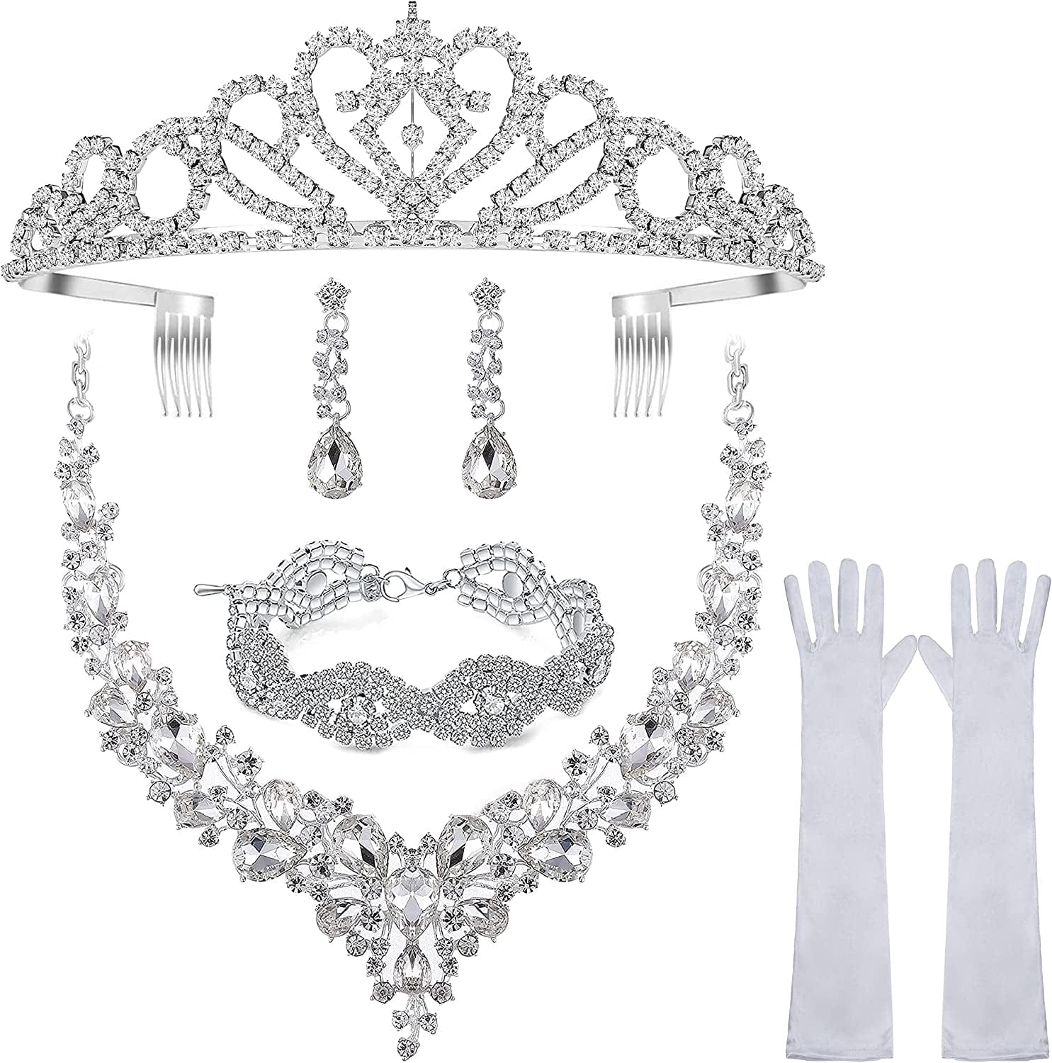 Paxuan Wedding Bridal Prom Crystal Rhinestone Necklace Earrings Bracelet Tiaras Crown Jewelry Sets for Bride Bridesmaid Wedding Dress White-Necklace + Earrings + Bracelet + Tiaras + Gloves