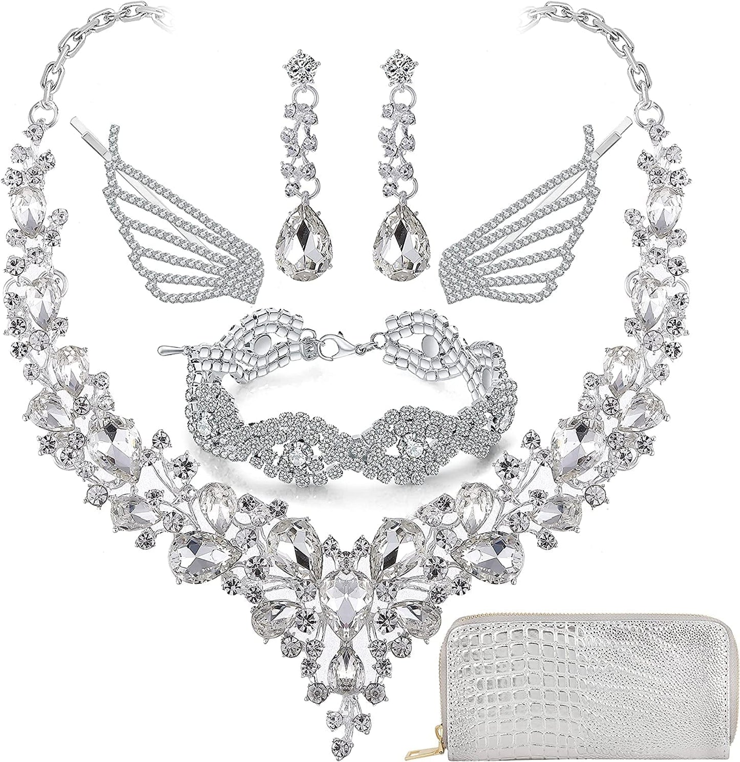Paxuan Wedding Bridal Prom Crystal Rhinestone Necklace Earrings Bracelet Tiaras Crown Jewelry Sets for Bride Bridesmaid Wedding Dress White-Necklace+Earrings+Bracelet+Hair Clips+Wallet