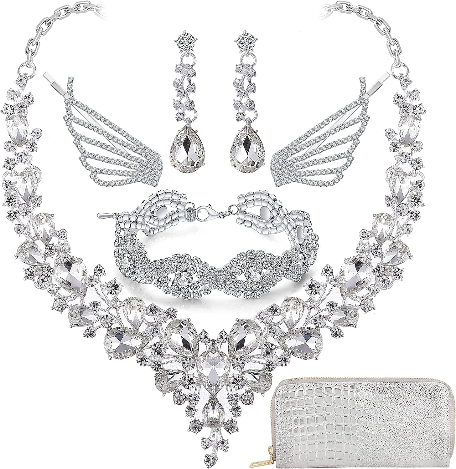 Paxuan Wedding Bridal Prom Crystal Rhinestone Necklace Earrings Bracelet Tiaras Crown Jewelry Sets for Bride Bridesmaid Wedding Dress White-Necklace+Earrings+Bracelet+Hair Clips+Wallet