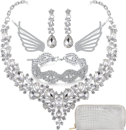 Paxuan Wedding Bridal Prom Crystal Rhinestone Necklace Earrings Bracelet Tiaras Crown Jewelry Sets for Bride Bridesmaid Wedding Dress White-Necklace+Earrings+Bracelet+Hair Clips+Wallet