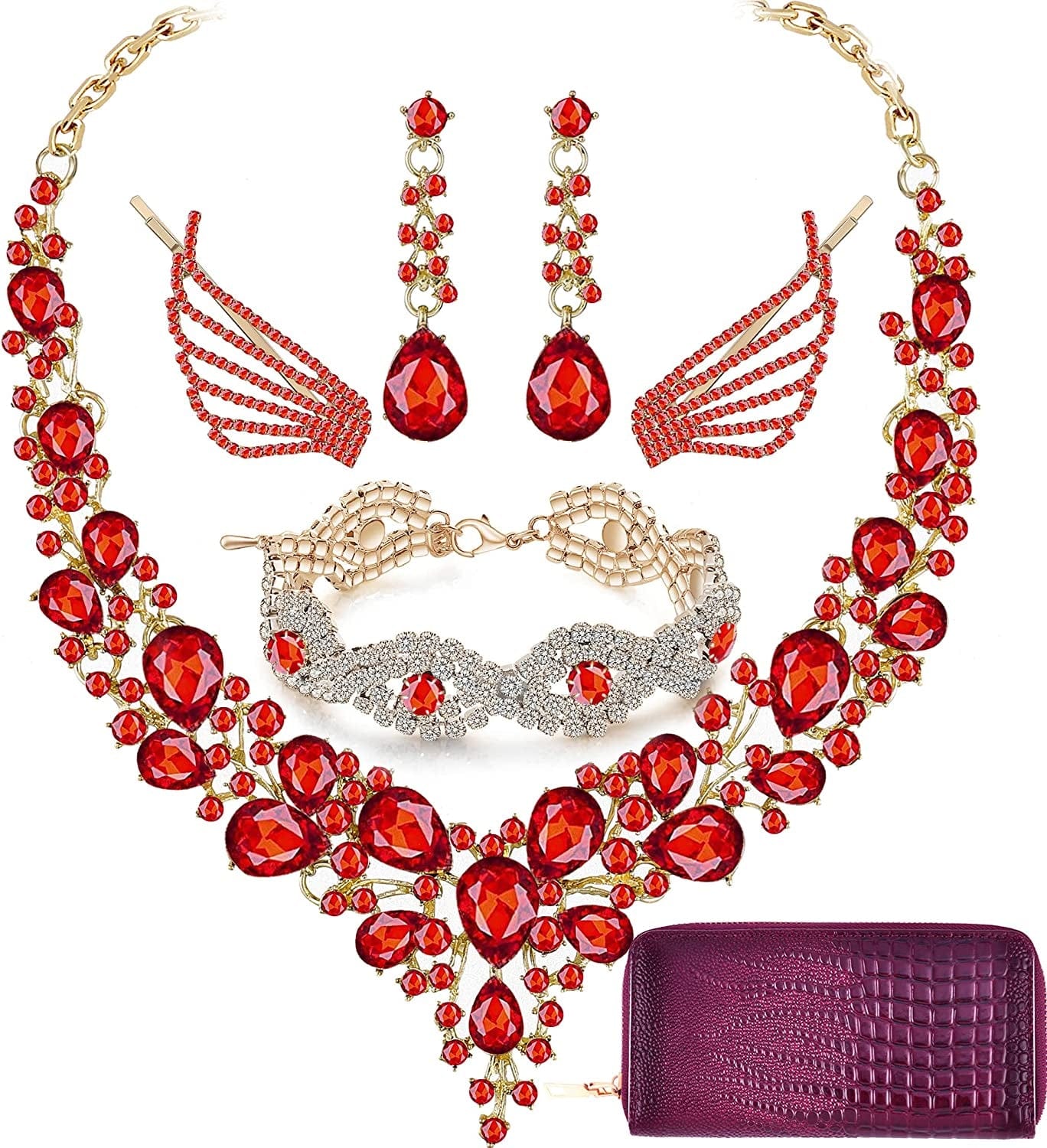 Paxuan Wedding Bridal Prom Crystal Rhinestone Necklace Earrings Bracelet Tiaras Crown Jewelry Sets for Bride Bridesmaid Wedding Dress Red-Necklace+Earrings+Bracelet+Clips+Purse