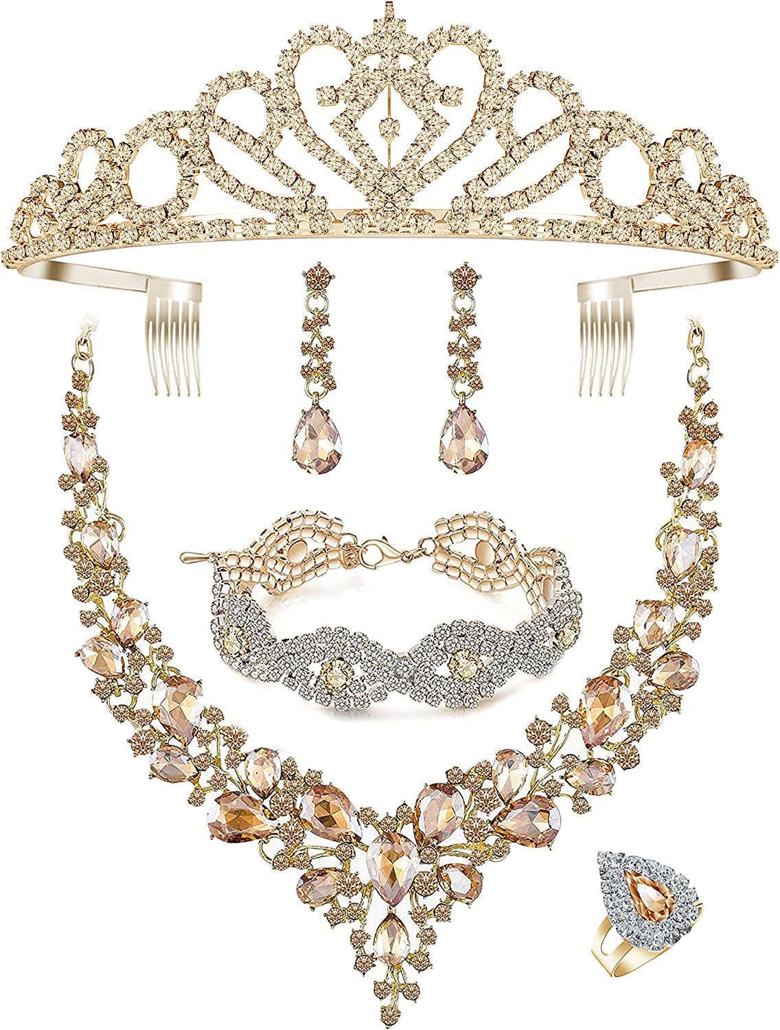 Paxuan Wedding Bridal Prom Crystal Rhinestone Necklace Earrings Bracelet Tiaras Crown Jewelry Sets for Bride Bridesmaid Wedding Dress Gold-Necklace+Earring+Bracelet +Tiara+Ring