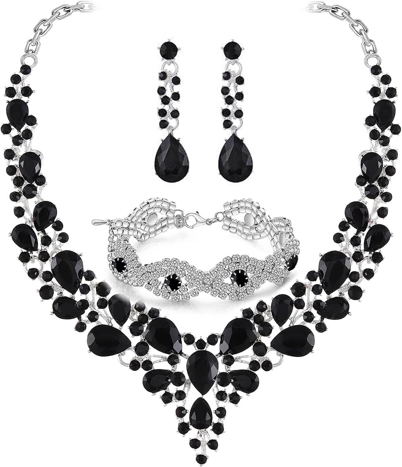 Paxuan Wedding Bridal Prom Crystal Rhinestone Necklace Earrings Bracelet Tiaras Crown Jewelry Sets for Bride Bridesmaid Wedding Dress Black - Necklace + Earrings + Bracelet