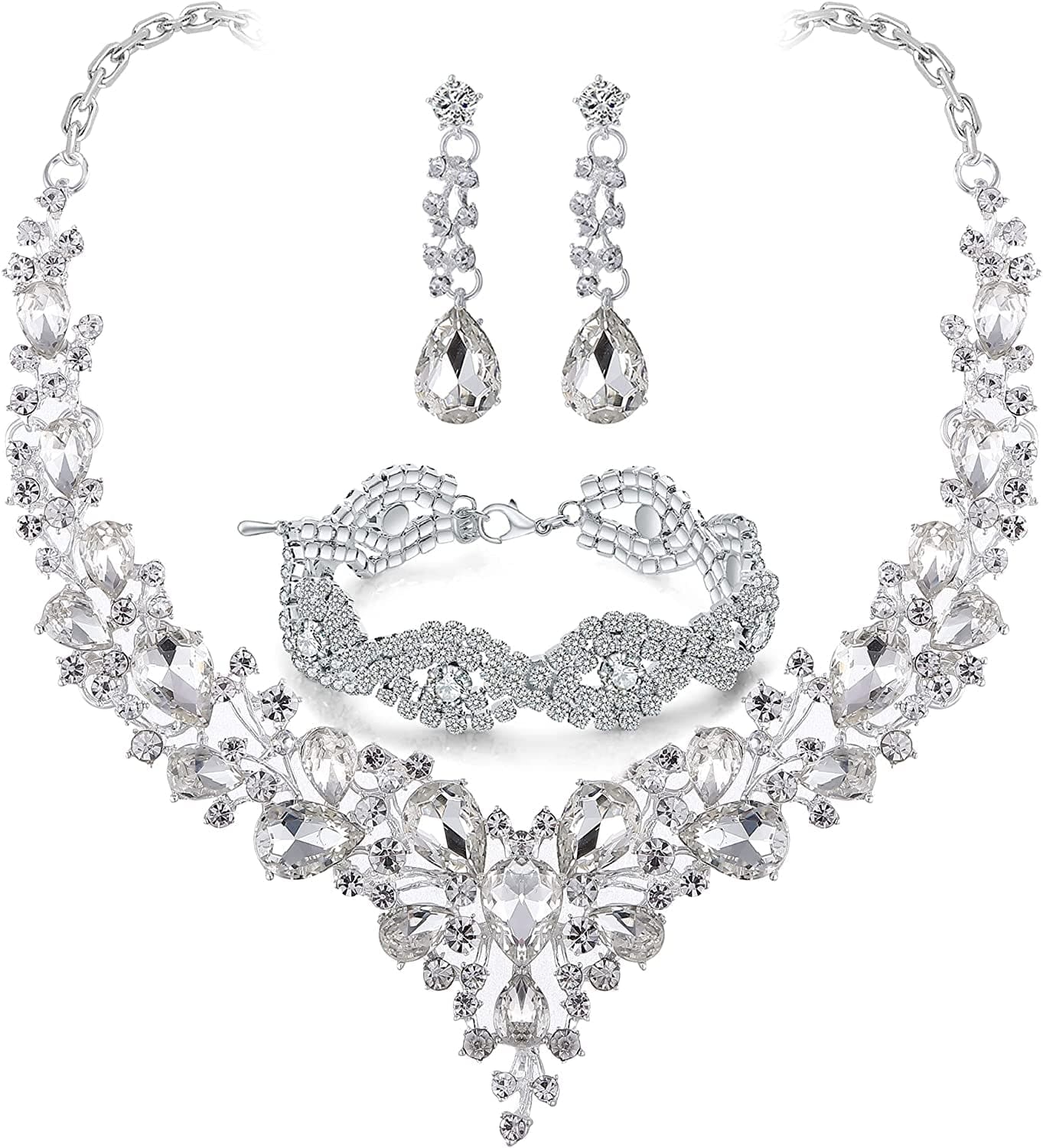 Paxuan Wedding Bridal Prom Crystal Rhinestone Necklace Earrings Bracelet Tiaras Crown Jewelry Sets for Bride Bridesmaid Wedding Dress White- Necklace + Earrings + Bracelet