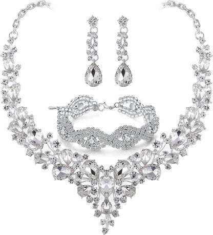 Paxuan Wedding Bridal Prom Crystal Rhinestone Necklace Earrings Bracelet Tiaras Crown Jewelry Sets for Bride Bridesmaid Wedding Dress White- Necklace + Earrings + Bracelet