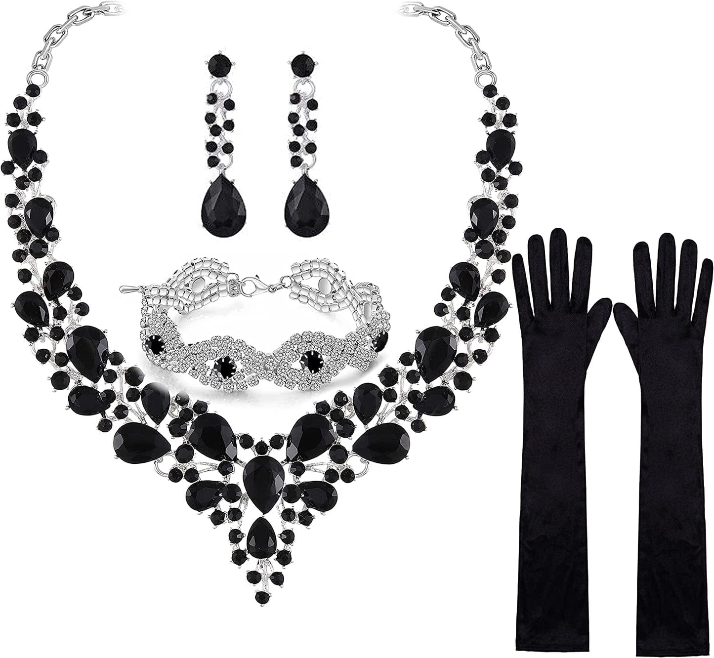 Paxuan Wedding Bridal Prom Crystal Rhinestone Necklace Earrings Bracelet Tiaras Crown Jewelry Sets for Bride Bridesmaid Wedding Dress Black - Necklace + Earrings + Bracelet + Gloves