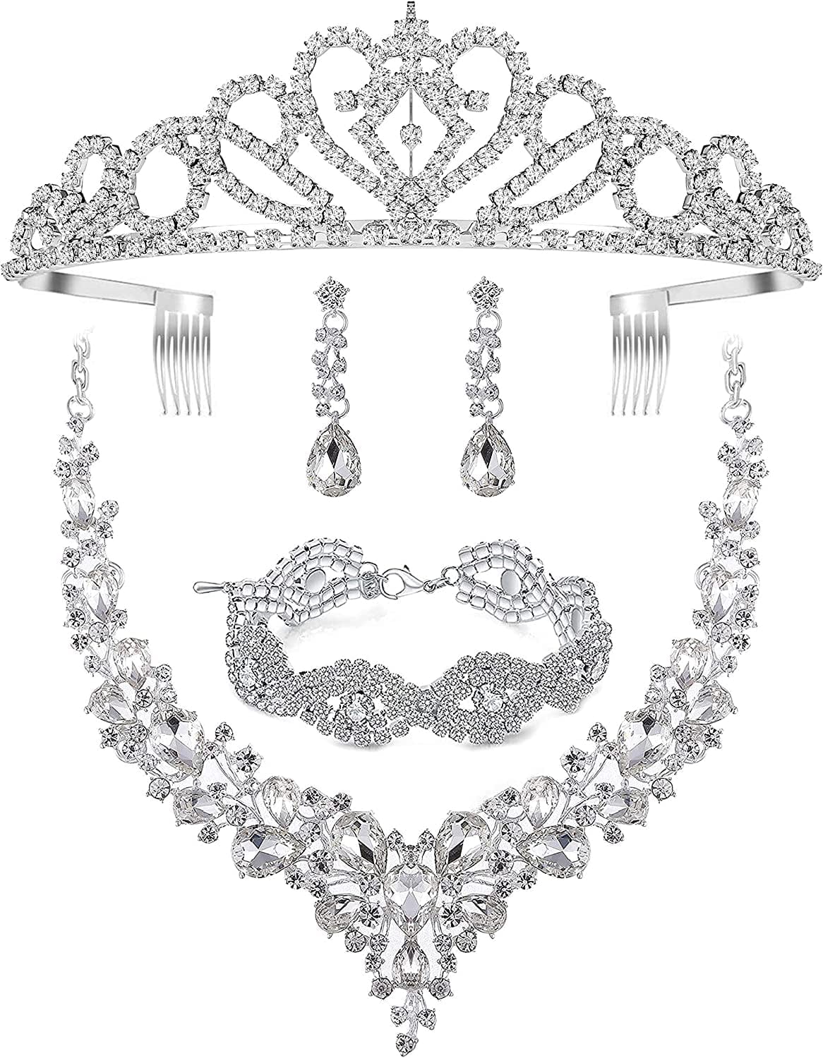 Paxuan Wedding Bridal Prom Crystal Rhinestone Necklace Earrings Bracelet Tiaras Crown Jewelry Sets for Bride Bridesmaid Wedding Dress White-Necklace + Earrings + Bracelet + Tiaras