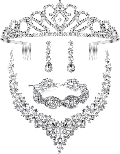 Paxuan Wedding Bridal Prom Crystal Rhinestone Necklace Earrings Bracelet Tiaras Crown Jewelry Sets for Bride Bridesmaid Wedding Dress White-Necklace + Earrings + Bracelet + Tiaras